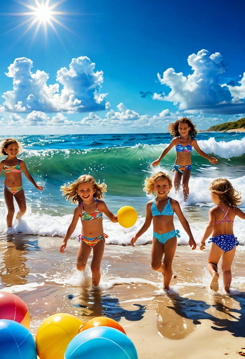 A joyful beach scene featuring children splashing in the waves while wearing colorful and fun swimwear, showcasing various patterns and styles. Sunlight glints on the water, creating a sparkling effect, and beach toys are scattered around, enhancing the playful atmosphere. A clear blue sky is visible above with fluffy white clouds. super-realistic. vibrant colors. 3D.