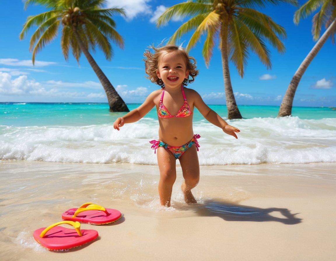 A vibrant beach scene showcasing children joyfully splashing in the waves while wearing colorful thongs and bikinis. Include playful beach toys, a bright sun shining overhead, tropical palm trees in the background, and a fluffy white sand shoreline. Capture the essence of summer fun and laughter. super-realistic. vibrant colors. bright blue sky.