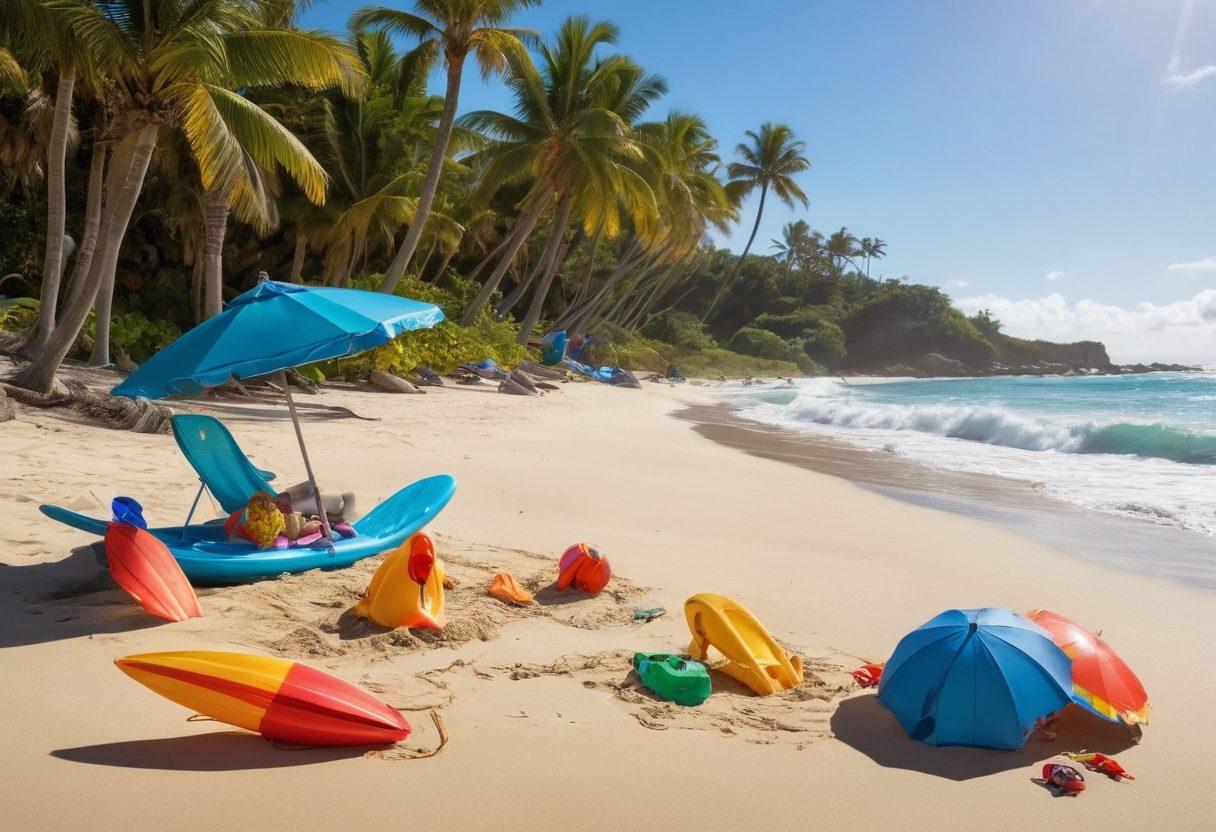 A vibrant beach scene depicting children playing in the sand and surfing in the waves, showcasing a variety of colorful swimwear styles like rash guards, swim trunks, and one-piece swimsuits. The sun is shining brightly, and beach toys are scattered around. In the background, palm trees sway and a colorful beach umbrella adds a pop of color. Add playful dolphins jumping in the surf to evoke a sense of adventure. vibrant colors. super-realistic.